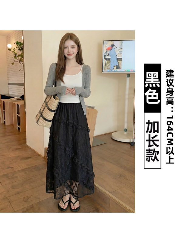复古拼接斜纹白色蕾丝半身裙女2026早春松紧腰显瘦网纱a字长裙女