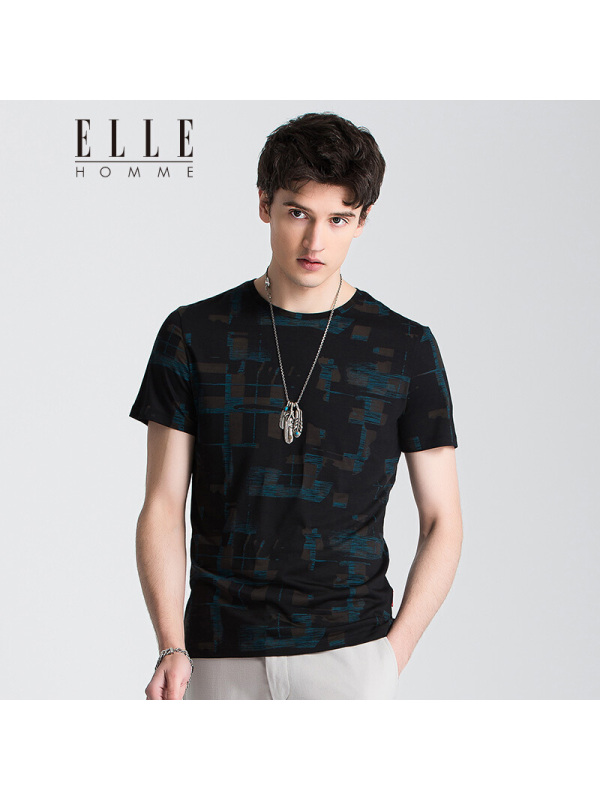 ellehomme短袖t恤男士时尚烂花印花图案夏季新款圆领半袖t恤潮