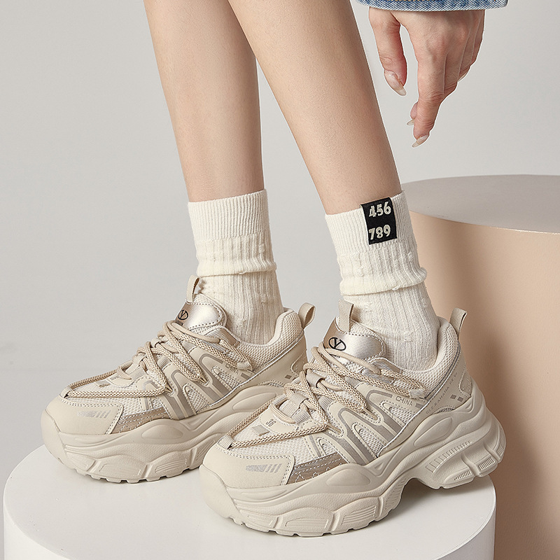 网红老爹鞋女in低帮鞋s潮2023年秋季新款韩版真皮厚底增高百搭运动单