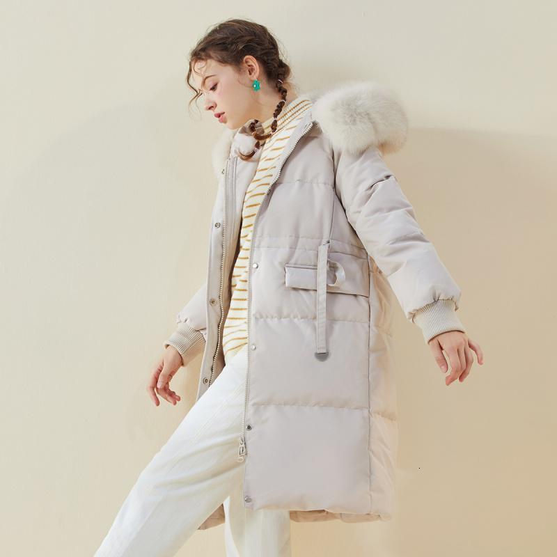 专柜同款白鸭绒羽绒服中长款2019冬季新款女装时尚流行气质大毛领加厚外套20015436