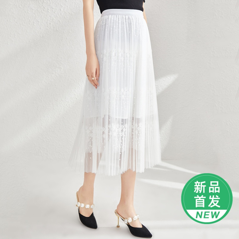 OUNIXUE欧昵雪 | [气质百褶蕾丝A字裙]夏季法式高腰橡筋中长款网纱半身裙女