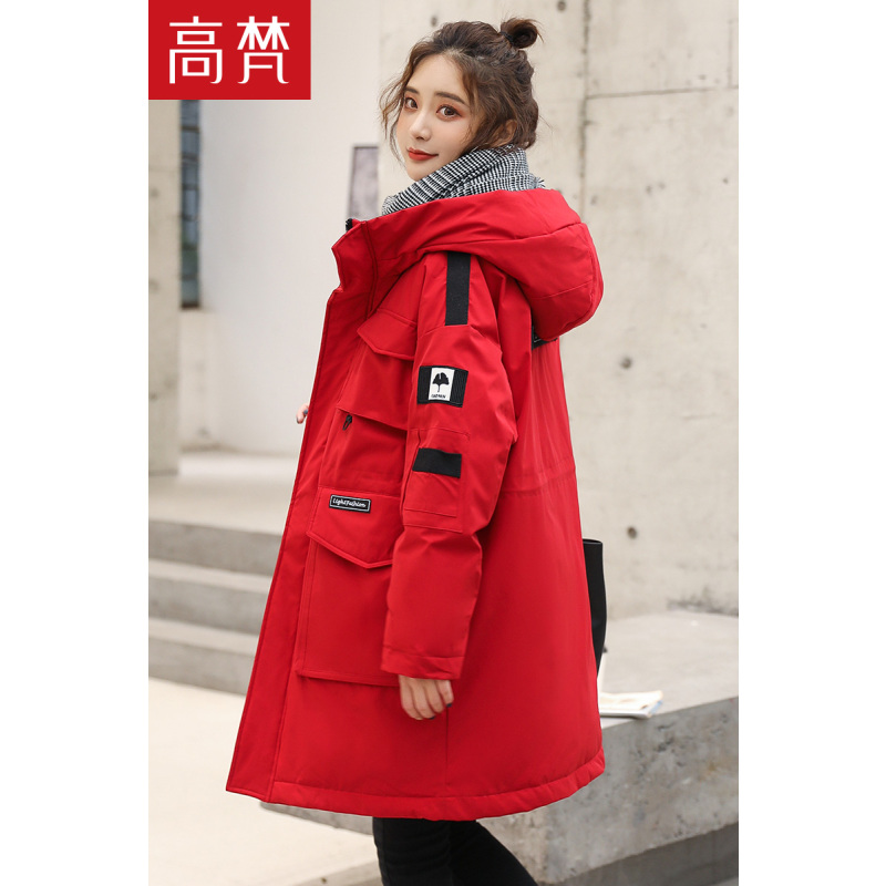 高梵工装羽绒服女中长款2020新款连帽白鸭绒冬季宽松收腰款外套
