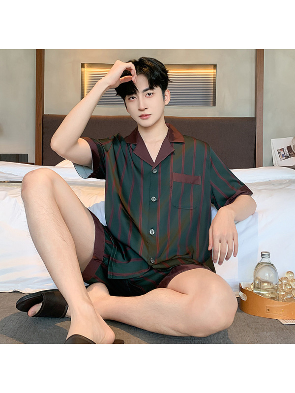 夏季睡衣男士冰雪丝开衫短袖韩版休闲宽松加大码青少年家居服套装