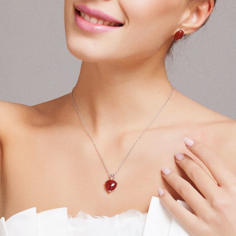 佰色传情(BRIR) 送妈妈 时尚气质心连心项饰S925纯银镶红色玛瑙吊坠心形银项链BYD344图片