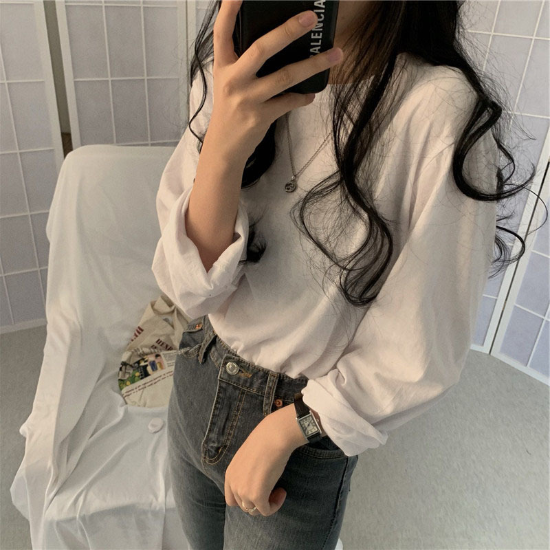 春秋季韩版新款纯色长袖T恤女宽松百搭学生衣服女装上衣