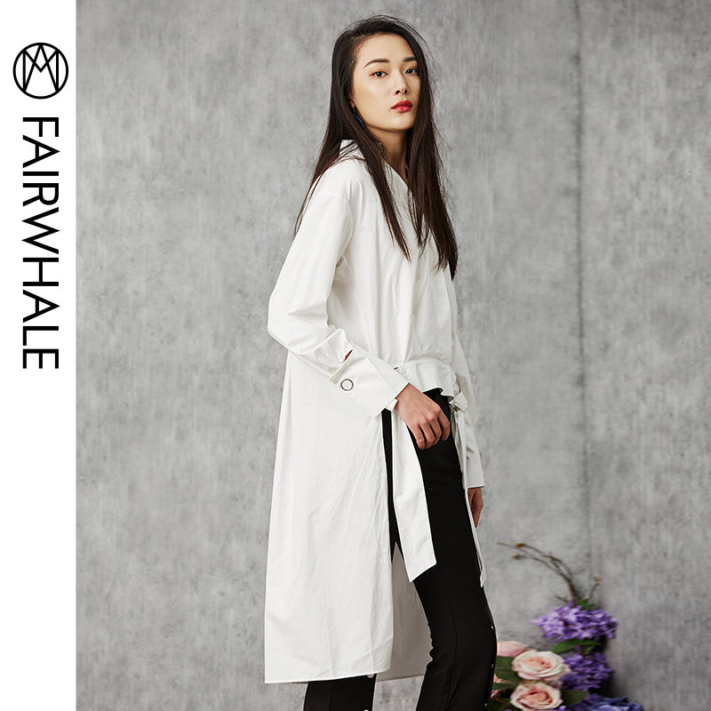 马克华菲女装2020春中长款西装领系带纯棉衬衫韩范宽松长袖