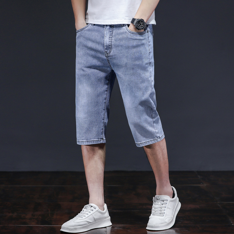 ceba夏季七分牛仔短裤男士弹力中腰浅色舒适宽松直筒裤男休闲轻