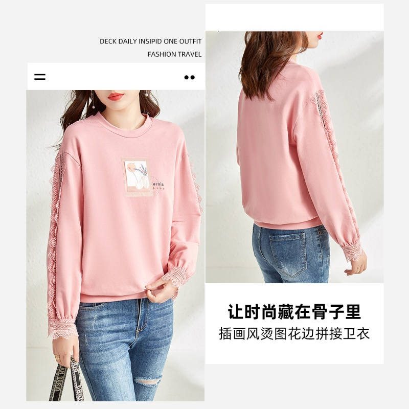 OUNIXUE欧昵雪 | [减龄花边拼接上衣]春季时尚圆领插画风烫图长袖宽松卫衣女