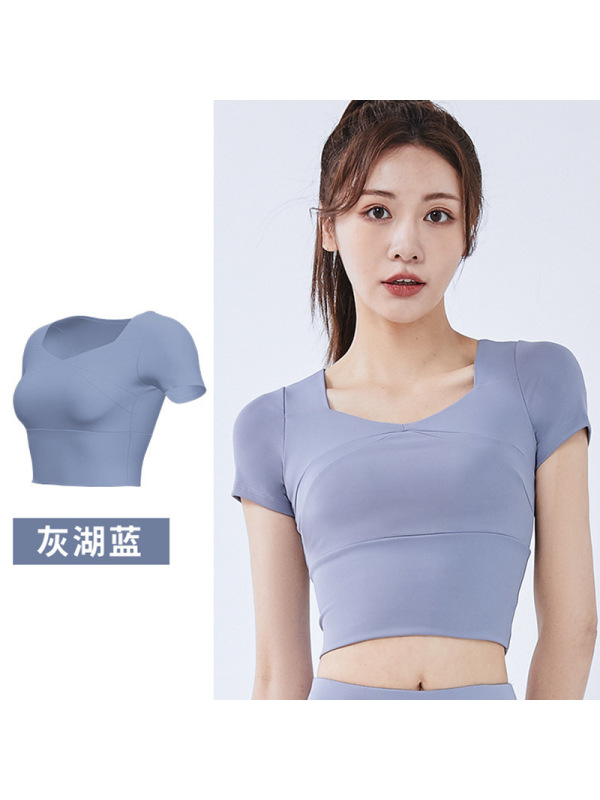 拼接速干瑜伽服带胸垫瑜伽短袖裸感修身显瘦运动健身上衣