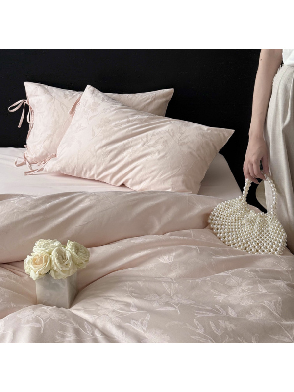 100S高支四件套浮提花感绑带式贡缎长绒棉纯棉床单床笠