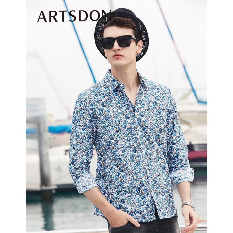 Artsdon/阿仕顿男装专柜同款棉质印花碎花长袖衬衫春秋季男士衬衣
