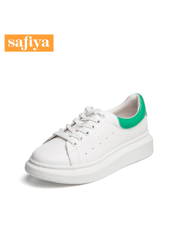 索菲娅(SAFIYA)牛皮革交叉系带圆头平底时尚小白鞋单鞋女SF63112100