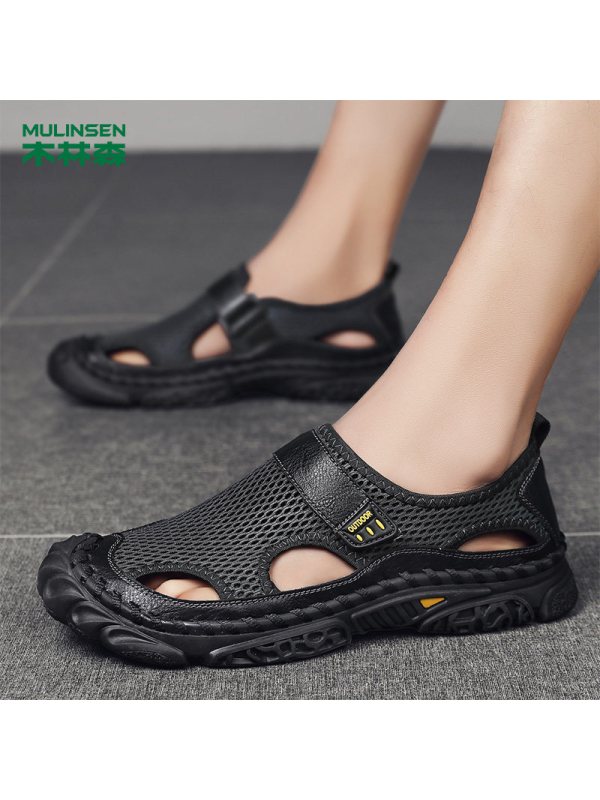 木林森包头凉鞋男鞋2022夏季新款软底防滑沙滩鞋休闲鞋网面洞洞鞋