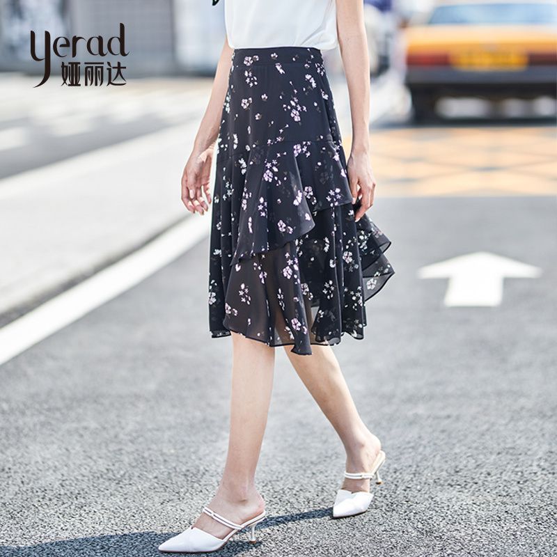 娅丽达女装2019夏季新款雪纺高腰A字裙半身裙印花气质仙女裙子I6331