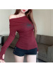 纯欲辣妹性感斜肩上衣女网红INS美式红色长袖T恤一字肩打底衫内搭