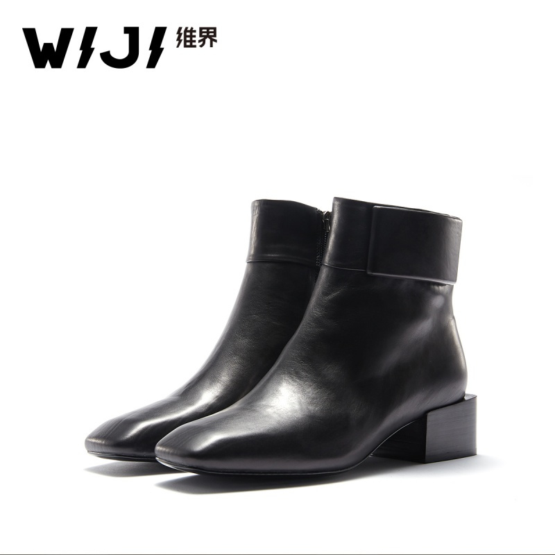 WIJI冬季新款时尚潮流切尔西靴休闲个性纯色透气方头舒适拉链女靴