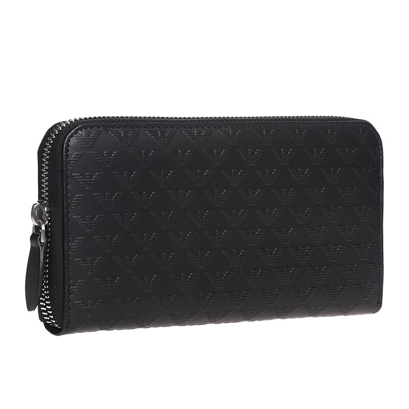 emporioarmani阿玛尼男士黑色logo浮纹牛皮拉链长款钱包yeme49yc