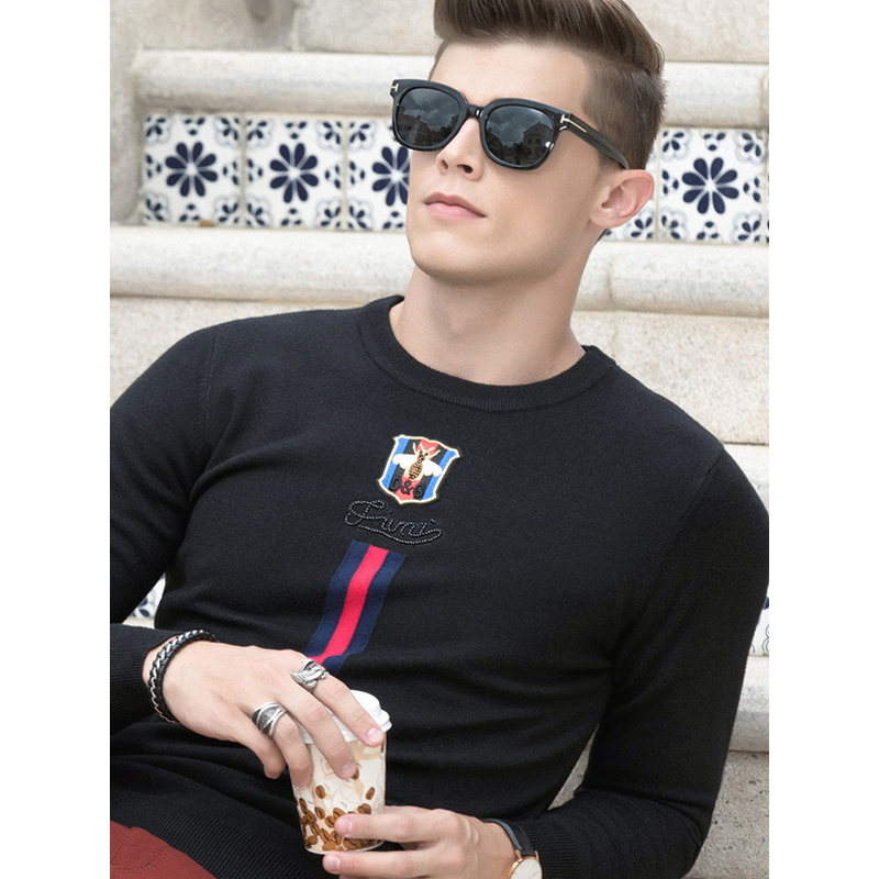 传奇保罗针织衫男春秋秋季黑色套头莱赛尔圆领长袖毛衣z18q008