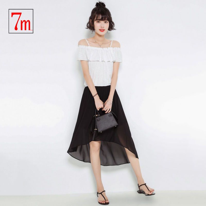 7M莫菲丽尔裙子女学生韩版夏季新款修身显瘦一字领吊带雪纺连衣裙70006090
