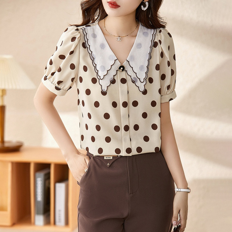 ounixue欧昵雪复古波点印花小衫上衣夏季法式减龄绣花轻纱领衬衫短袖