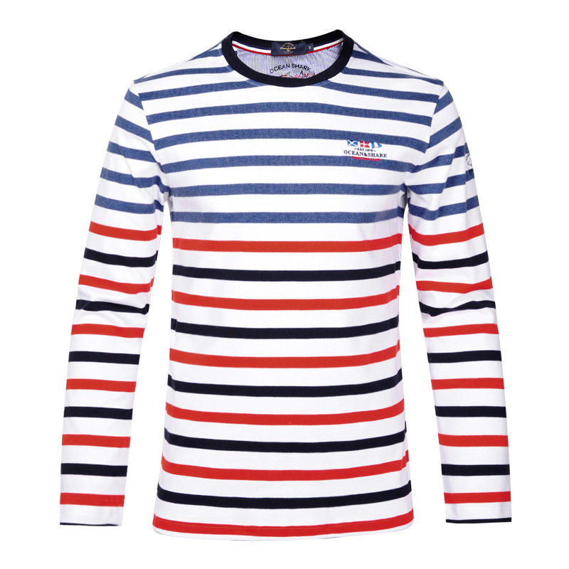 古老鲨鱼秋季圆领上衣纯棉撞色条纹海魂衫t恤男长袖复古风海军衫视频