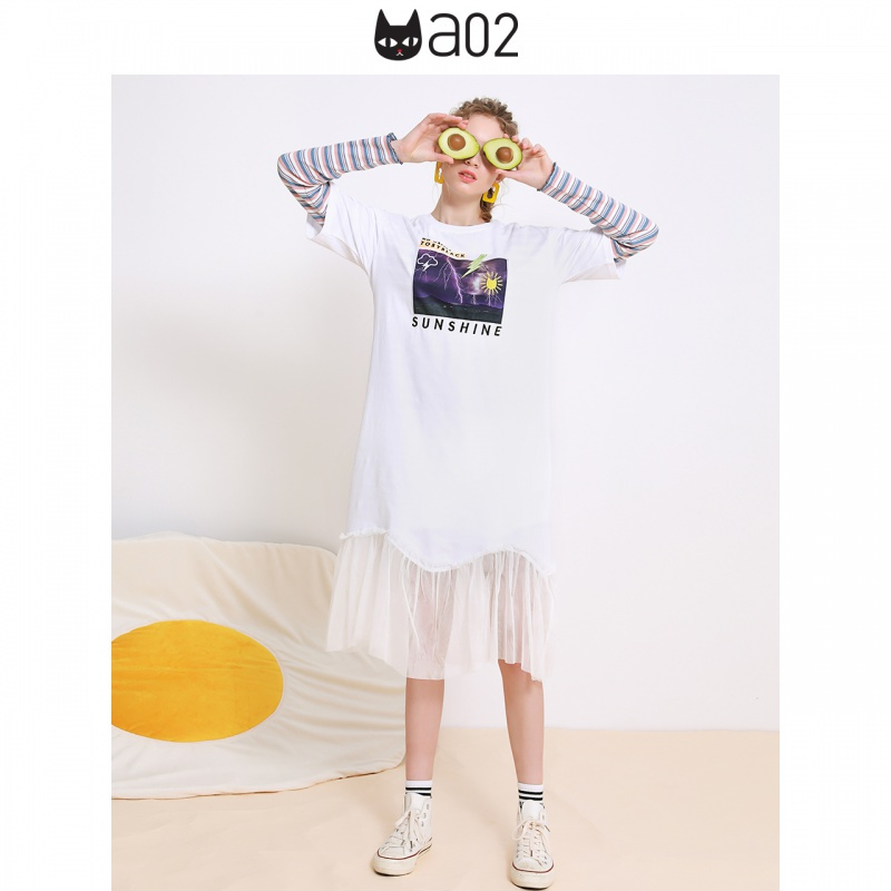 a02新款2020潮流春装网纱拼接刺绣印花裙子连衣裙女D1U5A0621DR