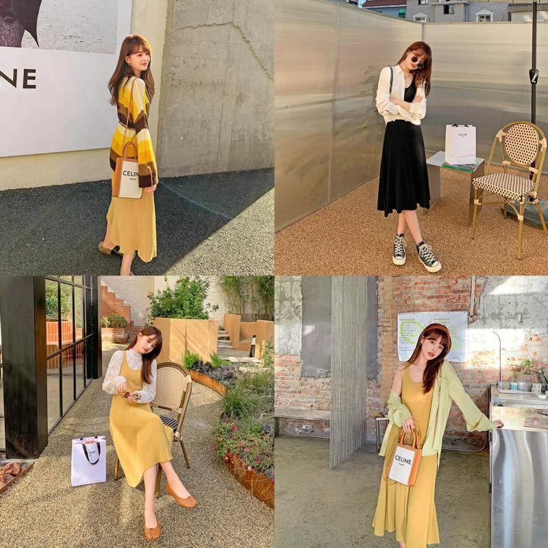 OtherMix连衣裙女2021新款春季v领无袖针织法式黑色内搭打底裙子
