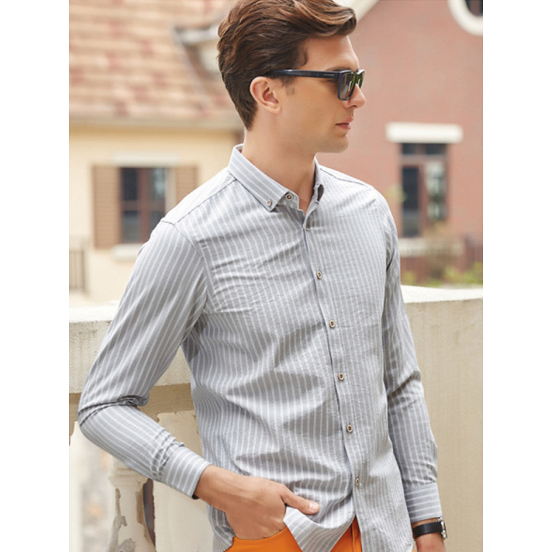传奇保罗条纹长袖衬衫男 2018春季新款中年方领修身商务休闲衬衣