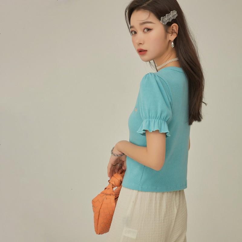OtherMix针织刺绣开衫T恤2021年夏季新款v领修身泡泡袖短款女上衣