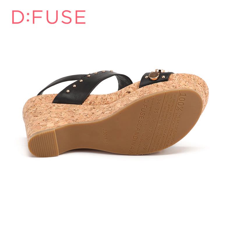 D：Fuse/迪芙斯新款牛皮铆钉防水台舒适高坡跟女鞋凉鞋DF62111072图片