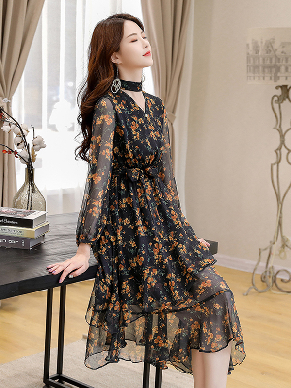 丝柏舍秋季女2020碎花气质收腰不规则中长款连衣裙s91r0939l