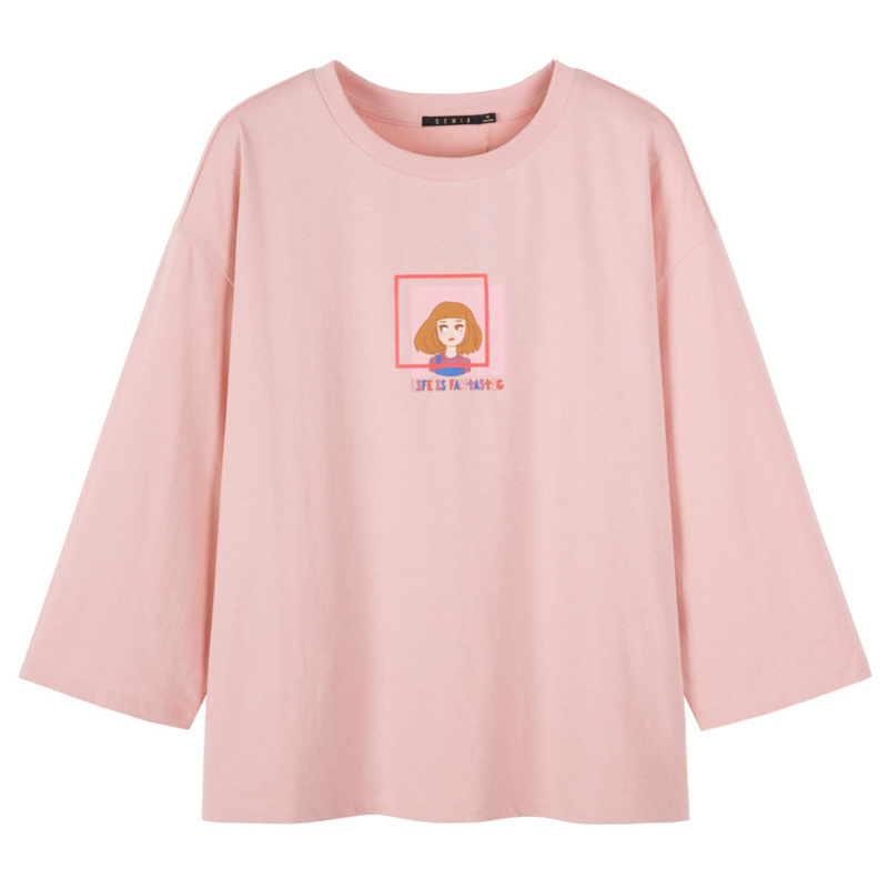 Semir森马宽松T恤女2019秋季新款印花套头纯棉少女潮t恤显瘦七分袖上衣