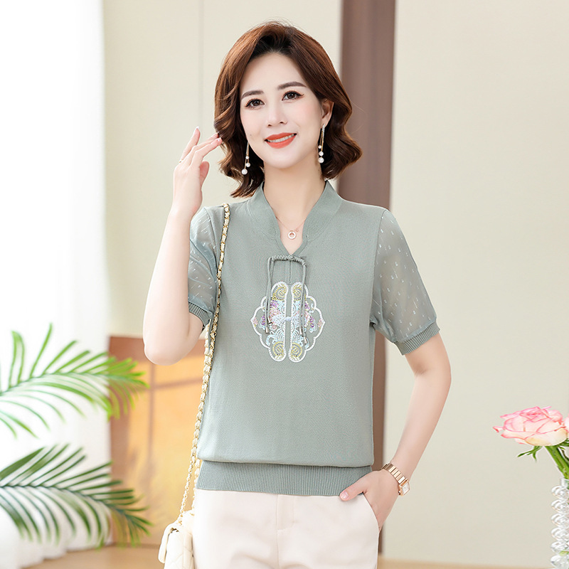 女装短袖妈妈装40岁针织中年女夏装时优雅刺绣婆婆装夏季新品