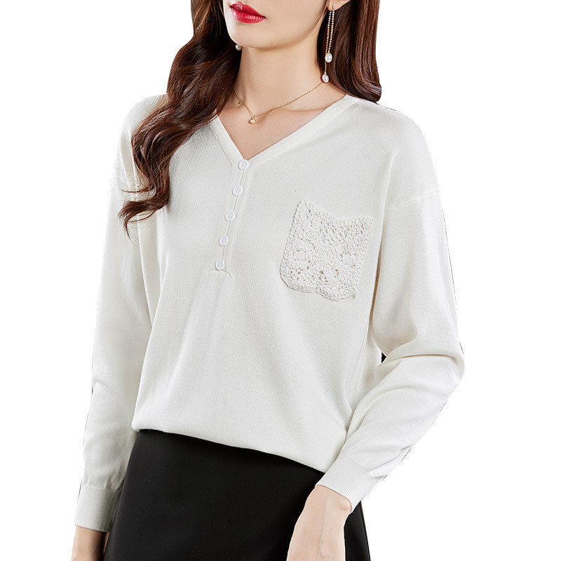 春秋新款时尚v领针织衫女宽松显瘦毛衣洋气保暖打底衫妈妈装上衣