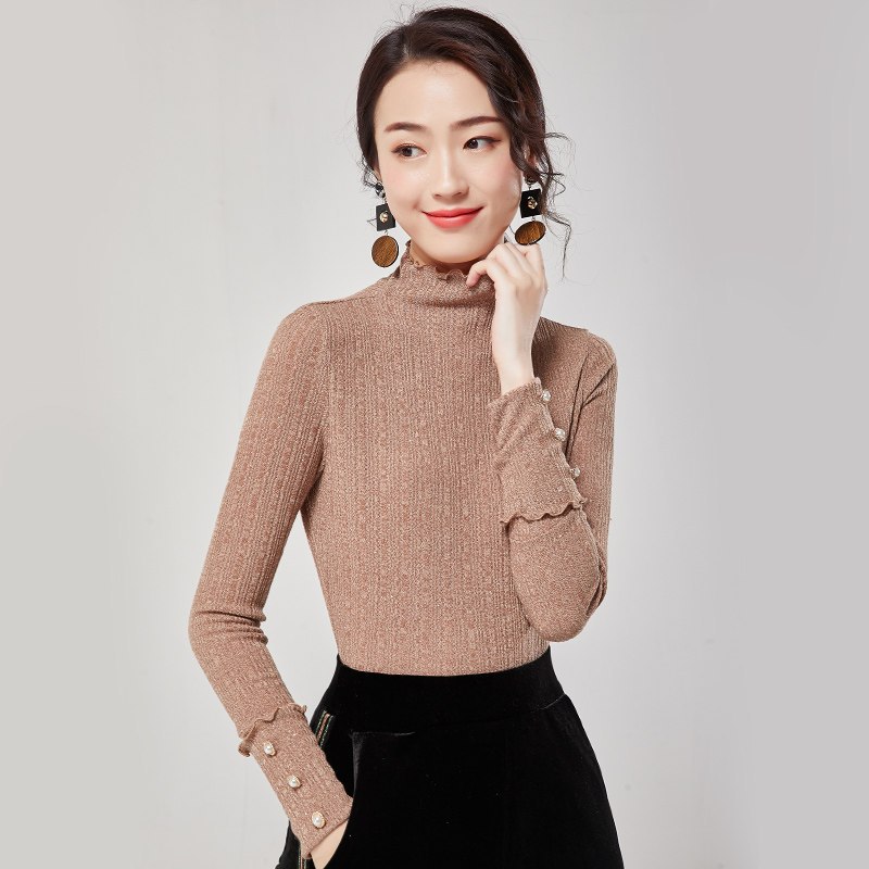 欧昵雪冬装半高领显瘦烫金打底针织衫女长袖套头修身毛衣