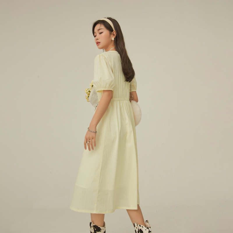 OtherMix褶皱蝴蝶结连衣裙2021年早秋新款纯色收腰泡泡短袖裙子女