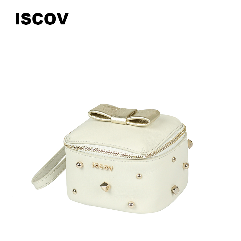ISCOV方盒形牛皮化妆包 蝴蝶结铆钉化妆包小包包女