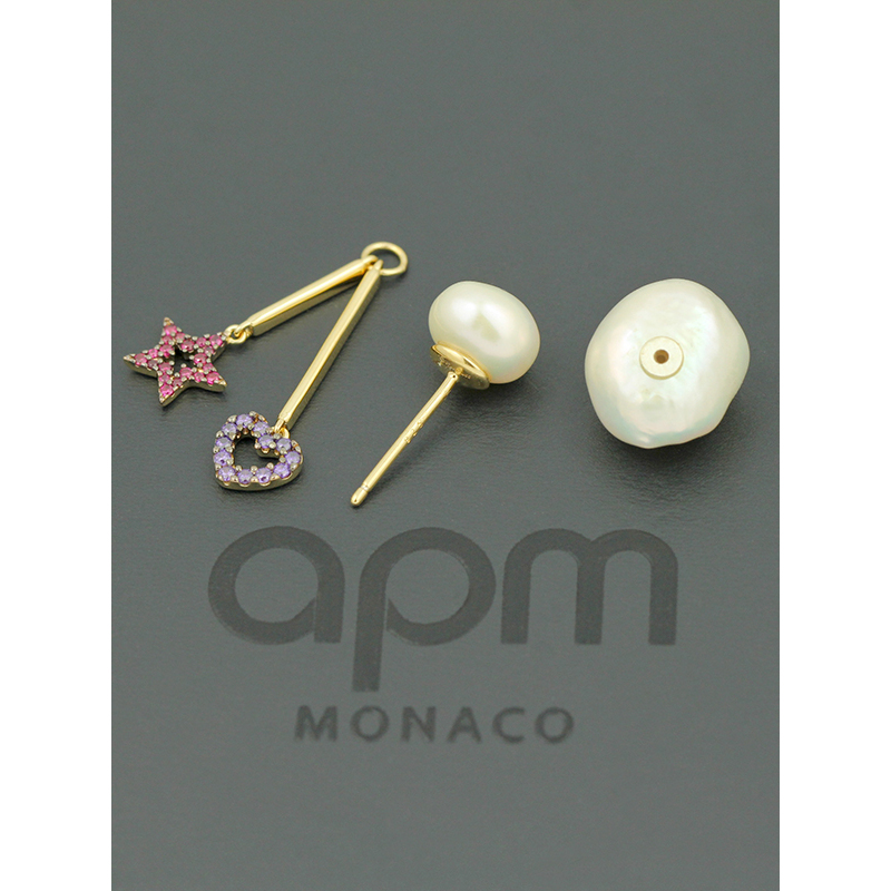 apmmonaco单个心形和星星珍珠耳环女士时尚设计感耳坠长款银耳饰前后