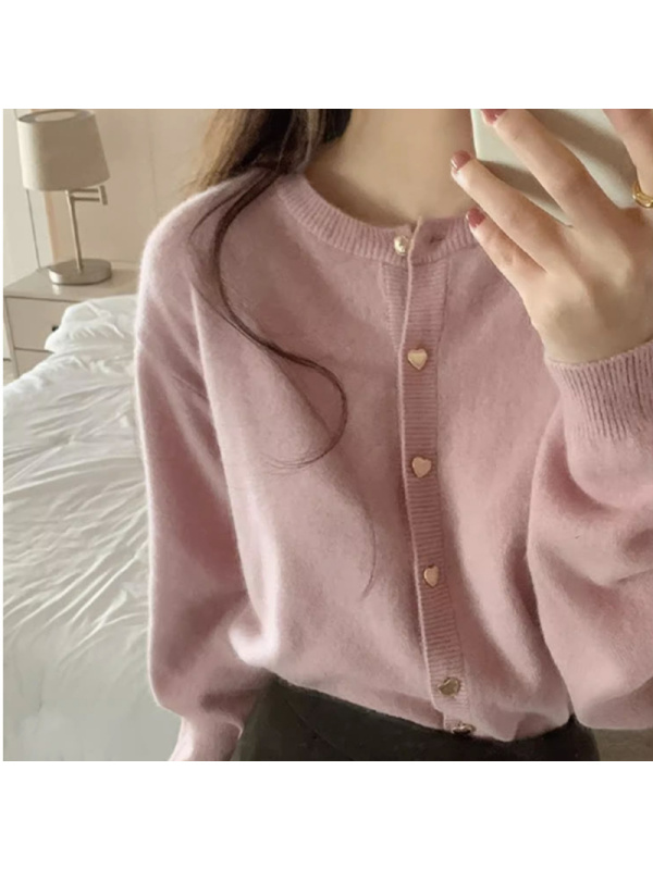 粉色针织开衫女韩版秋冬新款优雅气质软糯毛衣宽松短款圆领薄外套