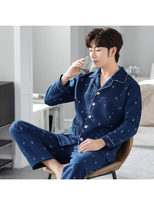 空气棉男士睡衣秋冬季长袖家居服大码爸爸中青年夹层加厚保暖套装