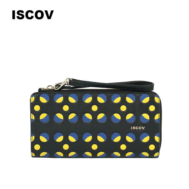 ISCOV时尚牛皮钱包 春夏潮流撞色横款方形手拿钱包