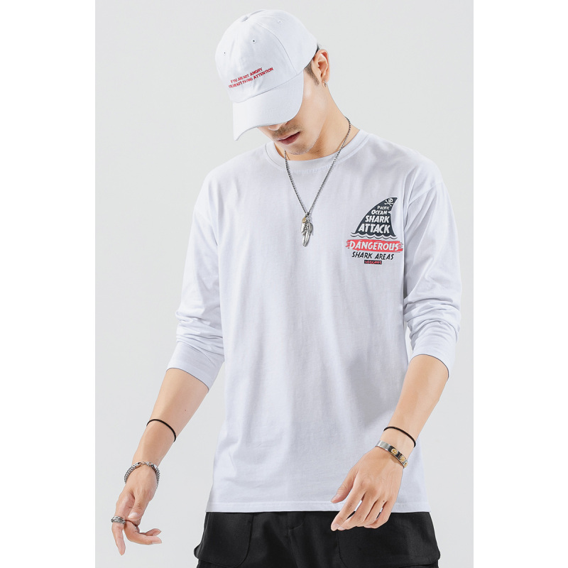三弦(LA CORDE)男士长袖T恤秋季纯色圆领时尚潮流上衣服韩版宽松春秋印花打底衫LA-MD9607