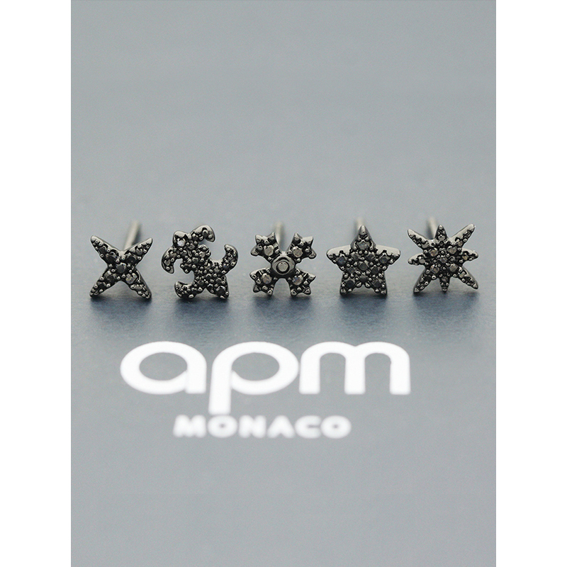 apm MONACO黑色雪花星星锚耳钉组合通用 气质耳环通用925银精致耳坠潮 法式银首饰