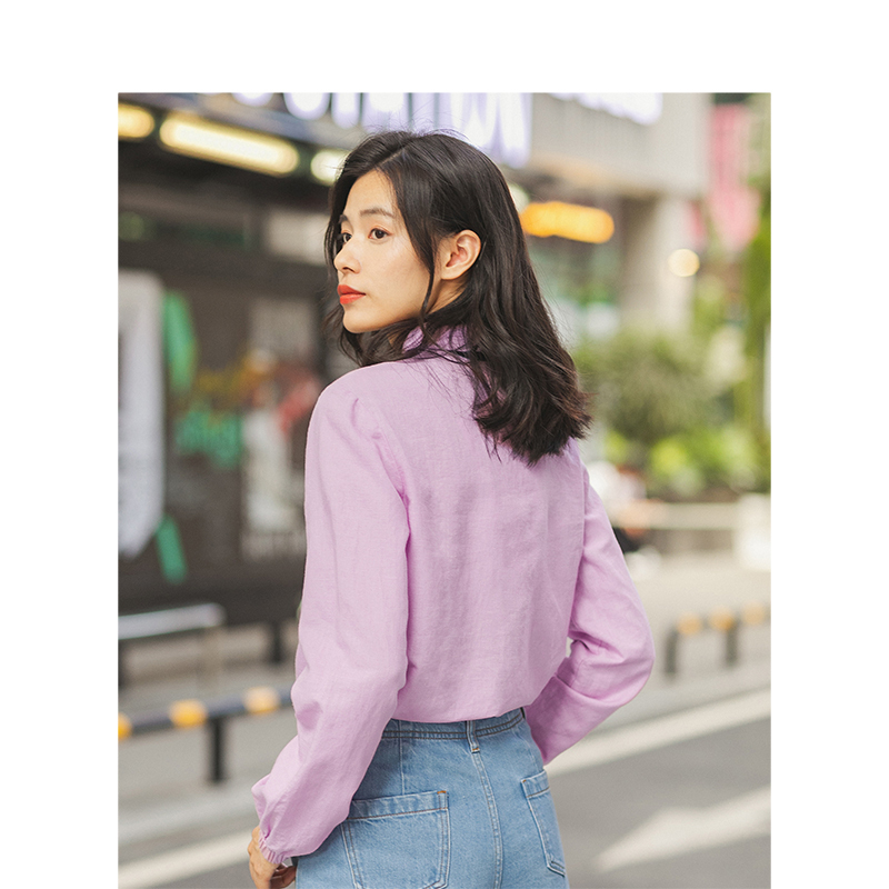 茵曼衬衣2019秋装新款翻领蝴蝶结系带棉麻衬衫女小清新上衣文艺范