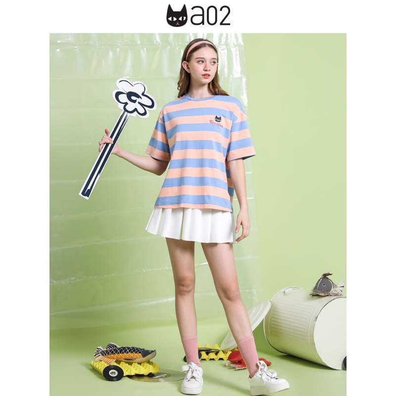 a02新款2020甜美小黑印花上衣夏撞色条纹短袖T恤女DVV2D0151KT