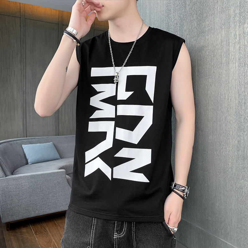 夏季新款无袖t恤男个性潮流运动坎肩休闲纯棉印花潮牌上衣男