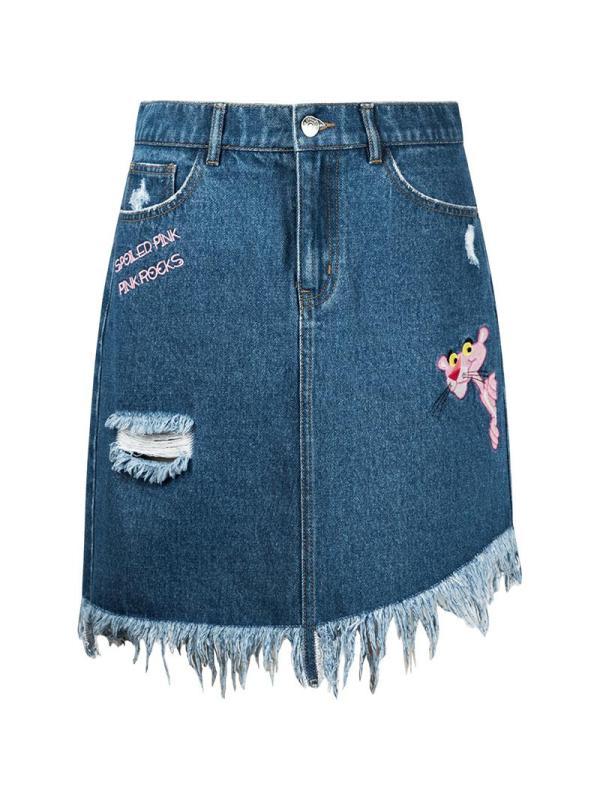 拉夏贝尔拉贝缇毛边牛仔半身裙女夏季韩版百搭破洞a字高腰ins短裙60007367