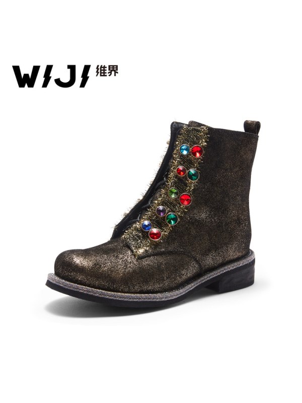 WIJI冬季新款宫廷风镶钻马丁靴时尚休闲个性复古潮流透气舒适女靴