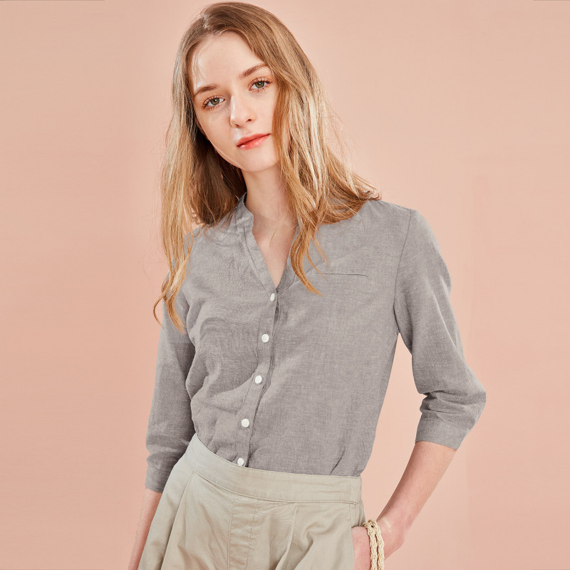 佐丹奴麻棉衬衫女薄款女装衬衫天然麻棉v领七分袖衬衣13349201