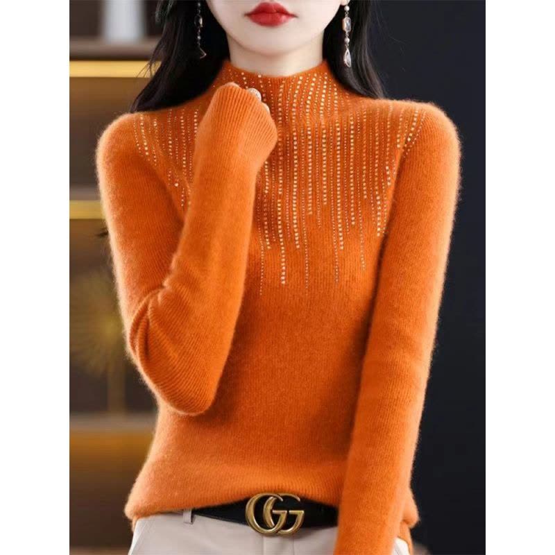 秋冬新款镶钻半高领针织衫女修身抽条长袖毛衣打底衫时尚洋气图片